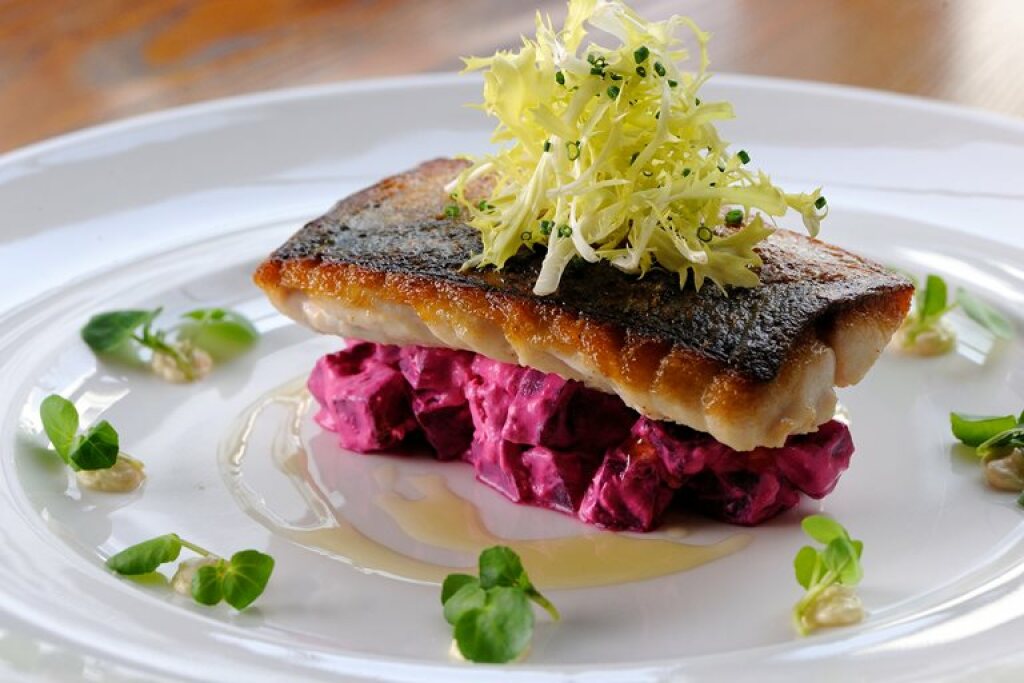 Pan fried Sea Bream with Beetroot Jelly, Fennel Salad and Great Ness